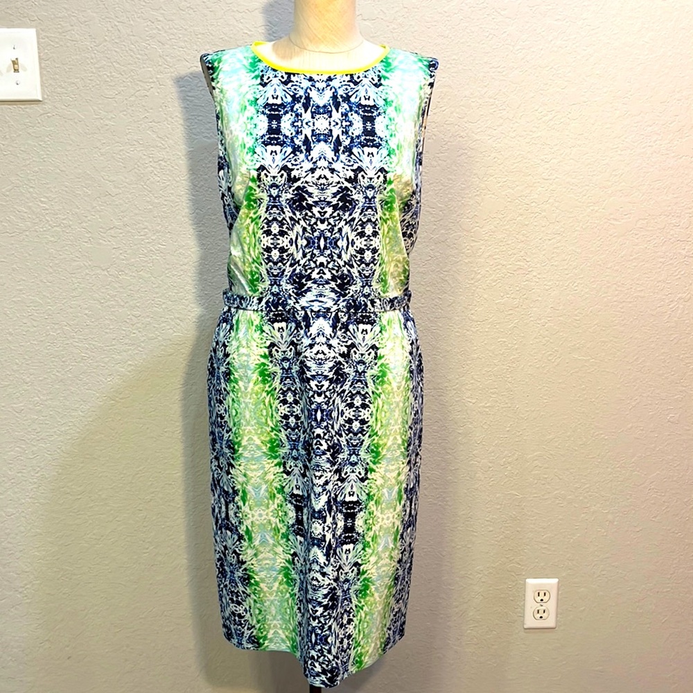 T Tahari blue, yellow, and white dress with a hint of lime